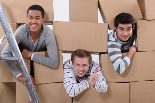Packed office boxes ready for storage collection in West London